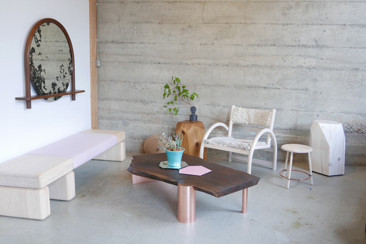 Pillowy Bench with Oxbow Mirror, Shepherd's Chair, Arbutus Slab, Little Gem and Findhorn Stool